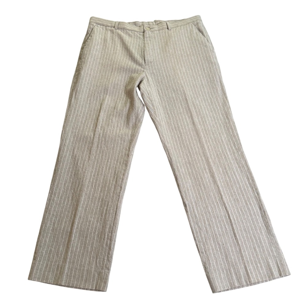 Perry Ellis Men's Linen Cotton Pinstripe Pants Beige Tailored Straight Fit 36x30